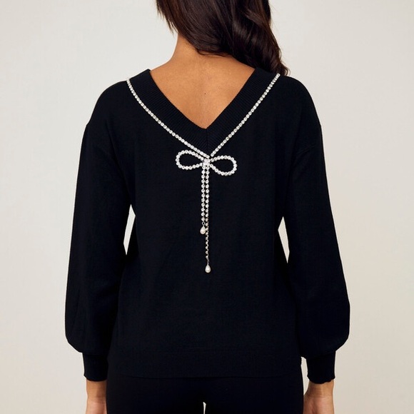 Express Rhinestone Bow Embellished Convertible Sweater Black Holiday New Years - Picture 3 of 15
